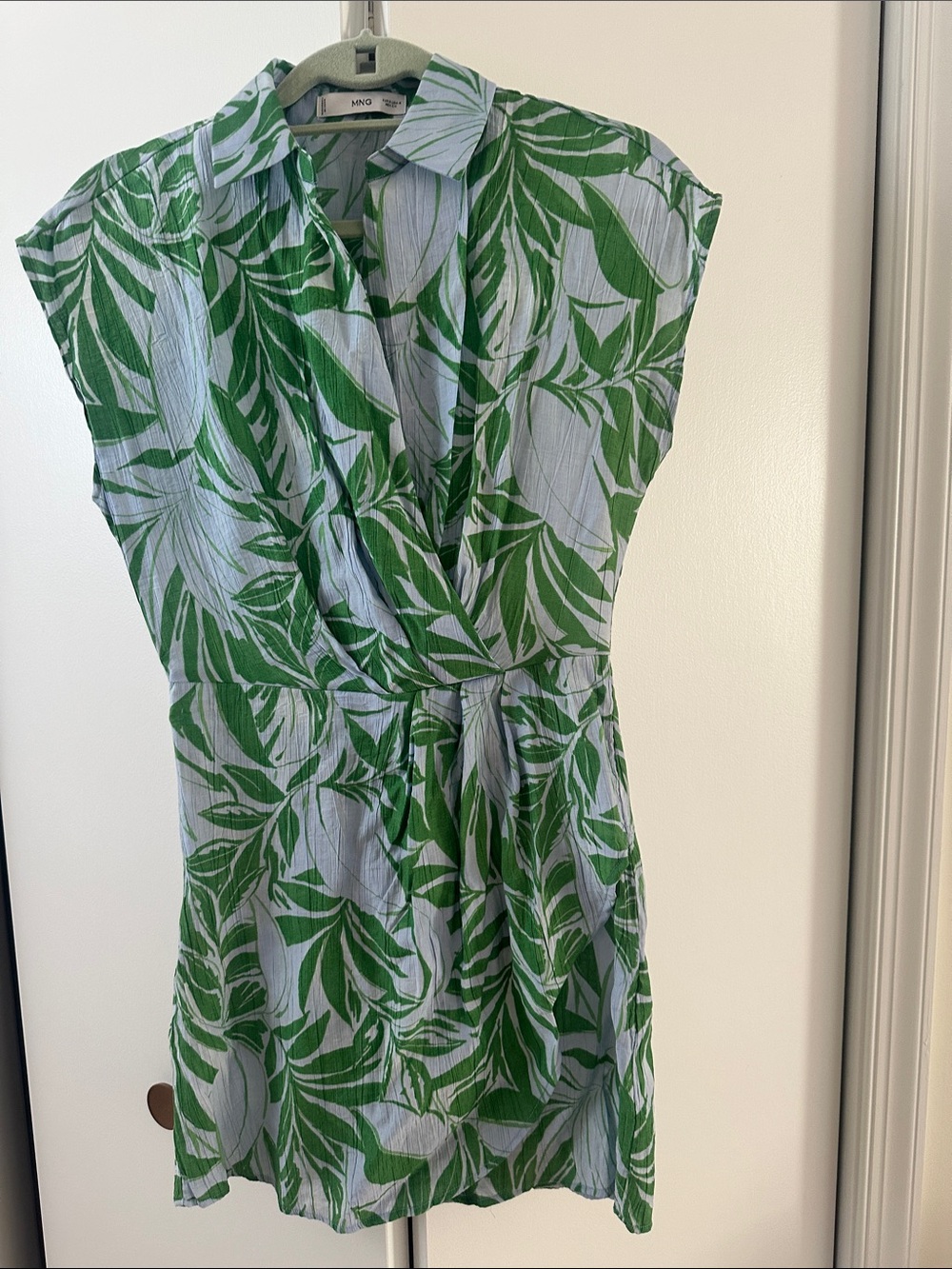Mango Green and White Leaf-Print Sleeveless Wrap Mini Dress